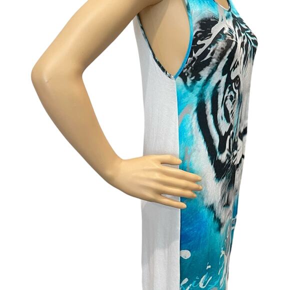 KRIZIA turquoise tiger print short asymmetrical sleeve women’s small dress - Picture 3 of 7